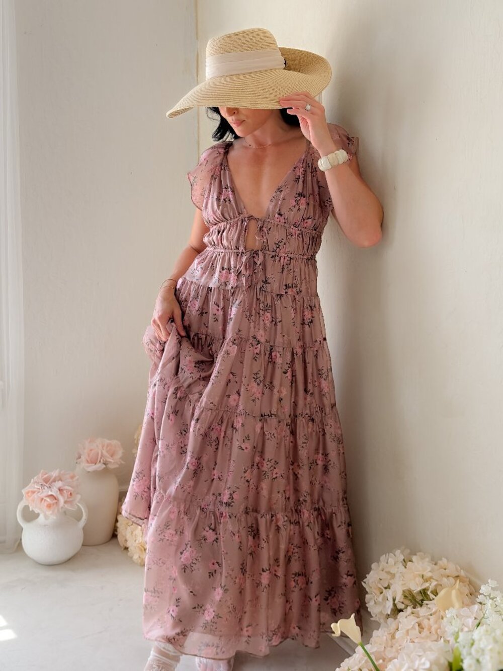 Dusty Rose Floral Tiered Maxi Dress
